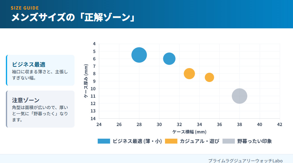 散布図画像：角型時計のケース幅と厚みのバランス。ビジネスに最適な「正解サイズ」を示すグラフ。