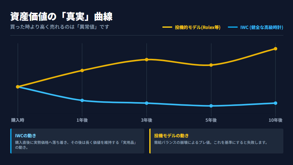 IWCと投機的モデル（ロレックス等）の資産価値推移の比較グラフ。