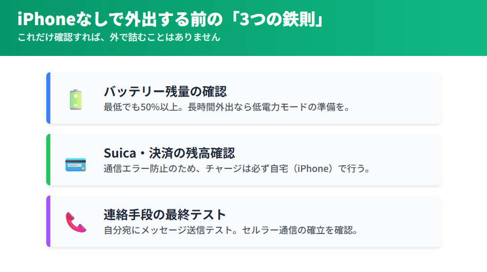 Phoneを持たずに外出する前の3つのチェックリスト。バッテリー残量、Suica決済の残高確認、連絡手段のテストをアイコン付きで図解。