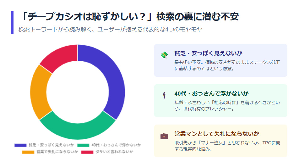 チープカシオが恥ずかしいと検索される理由の円グラフ。貧乏見え、40代の年齢、営業でのマナー、ダサいなどの不安要素の割合を示す。