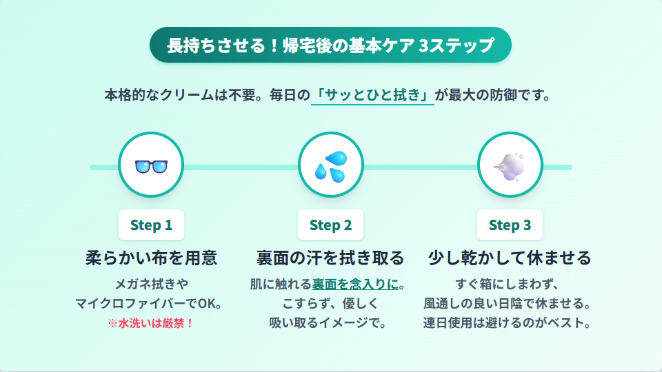 腕時計の革ベルトを長持ちさせる、帰宅後の簡単な毎日の基本ケア3ステップ。