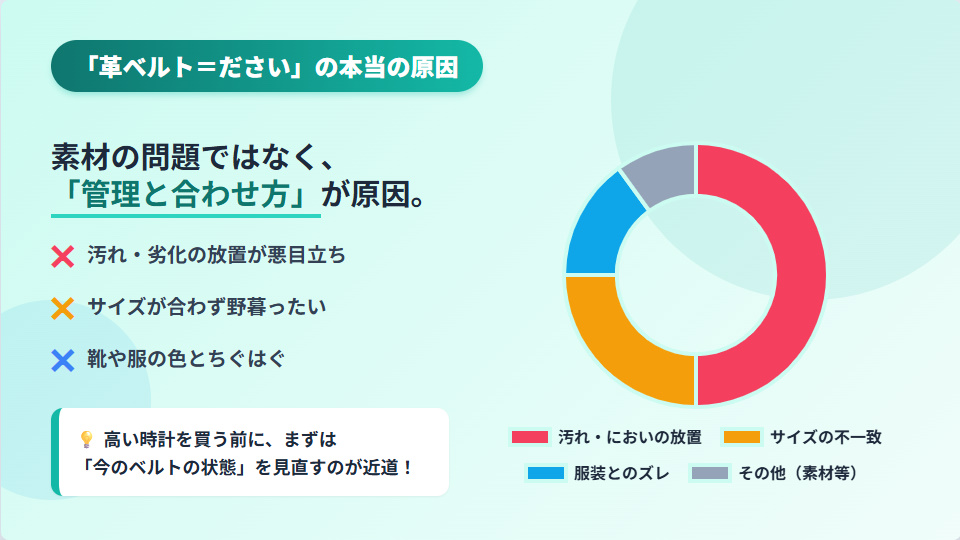 腕時計の革ベルトがださく見える主な原因の割合（劣化の放置、サイズ感、色合わせの失敗など）