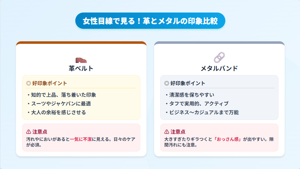 腕時計の革ベルトとメタルバンドの印象比較。女性目線でのメリットと注意点。