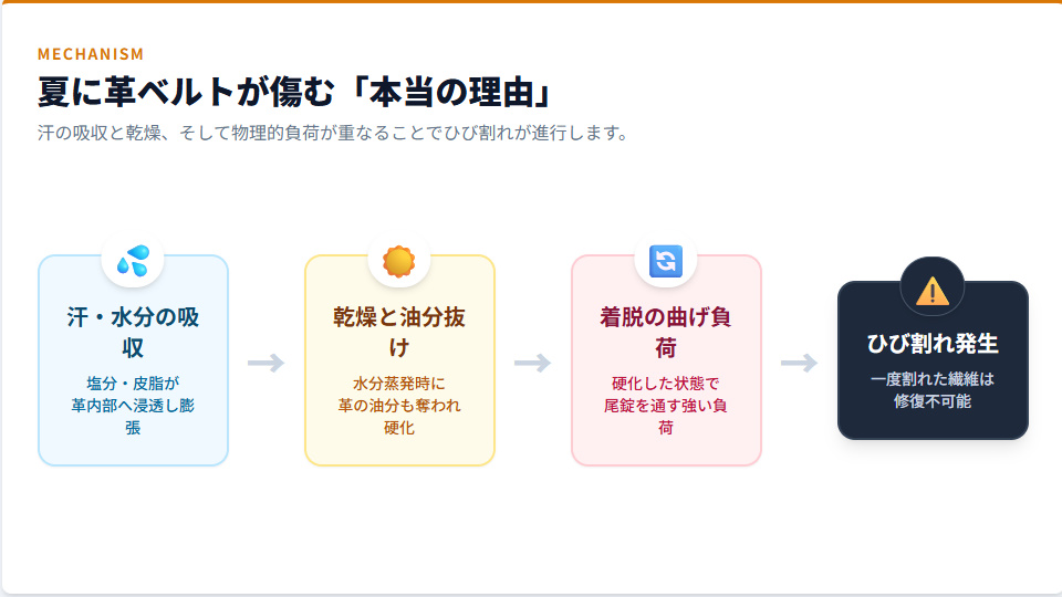 腕時計の革ベルトが夏にひび割れる原因とメカニズム