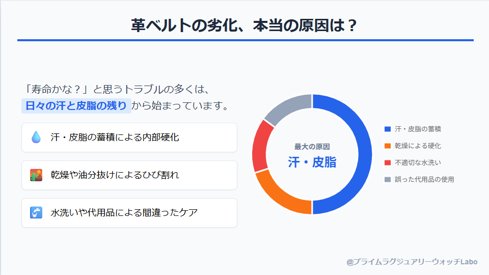 腕時計の革ベルトが劣化する原因の割合（約50%が汗と皮脂の蓄積）
