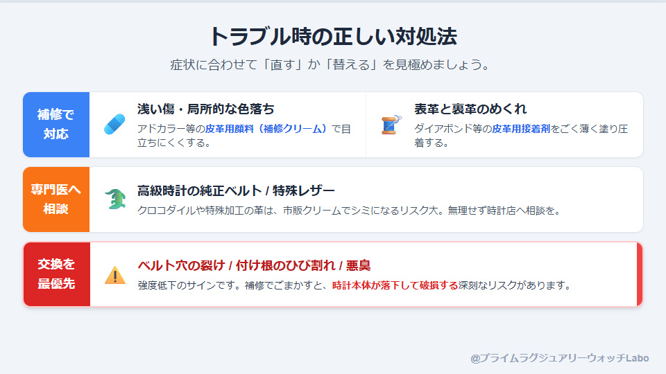 革ベルトのトラブル別対処法（色落ちには顔料、層の剥がれには接着剤、裂けは交換）
