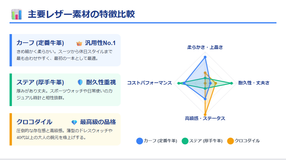 牛革(カーフ・ステア)とクロコダイル革の特徴を比較したレーダーチャート