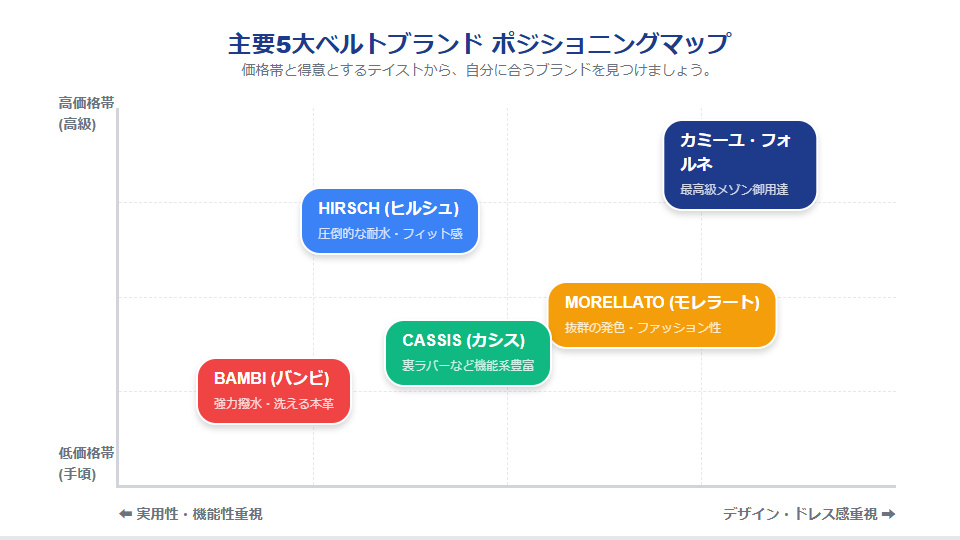 モレラート、カシス、バンビなど腕時計革ベルト主要5ブランドの価格とテイストのポジショニングマップ