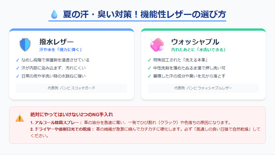 夏の汗・臭い対策に有効な「撥水レザー」と「ウォッシャブルレザー」の違いと絶対にやってはいけないNG手入れ