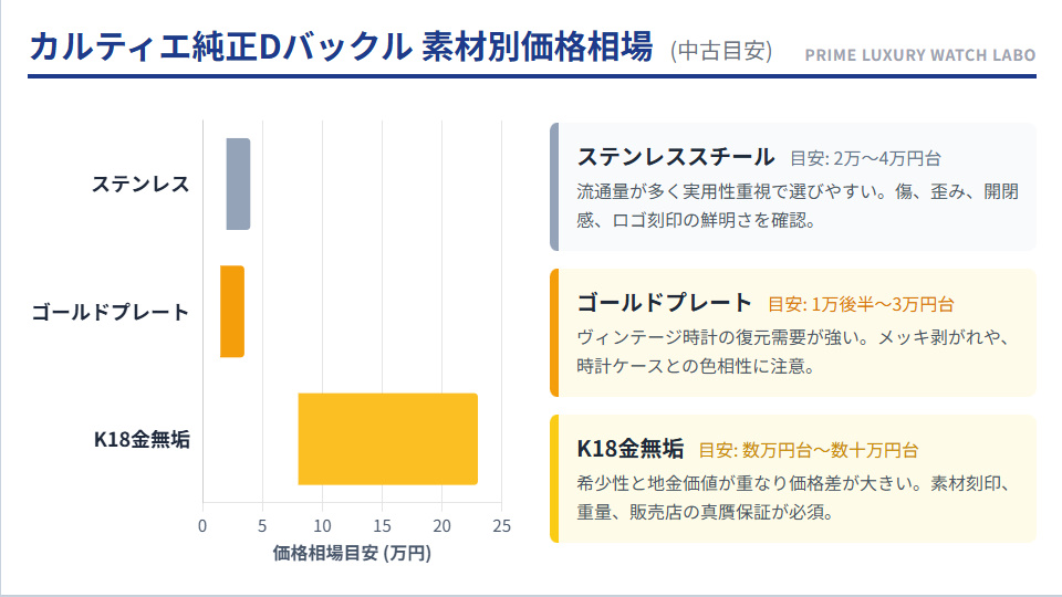 カルティエ純正Dバックルの中古市場における素材別価格相場の目安グラフ。ステンレス、ゴールドプレート、K18金無垢の価格帯を比較。