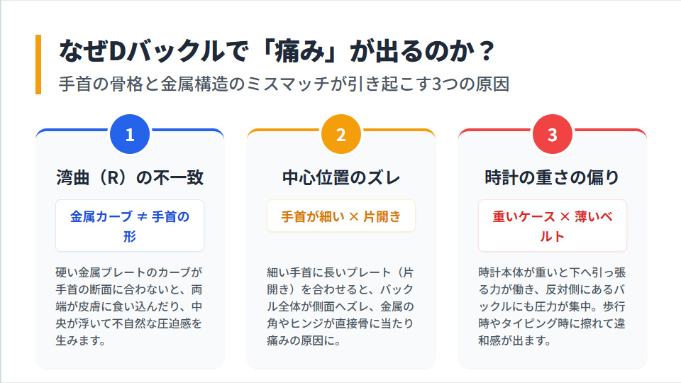 Dバックルが手首に合わず痛みが出る3つの原因(湾曲の不一致、中心のズレ、時計の重さ)を図解
