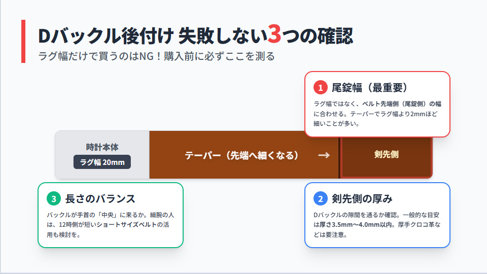 Dバックルを後付けする前に確認すべき尾錠幅、剣先側の厚み(3.5〜4.0mm)、ベルトの長さの計測ポイント