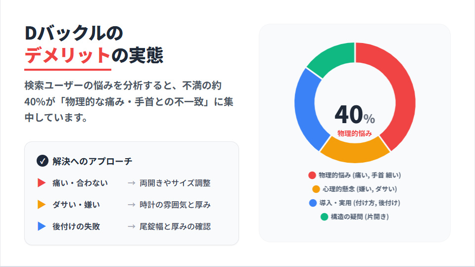 Dバックルのデメリットに対する検索ユーザーの悩みデータ。痛い・手首が細いといった物理的悩みが40%を占める。