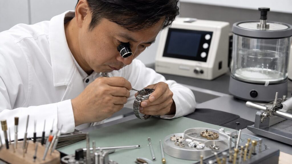 時計の精度や防水状態を点検して必要な作業を見極める様子