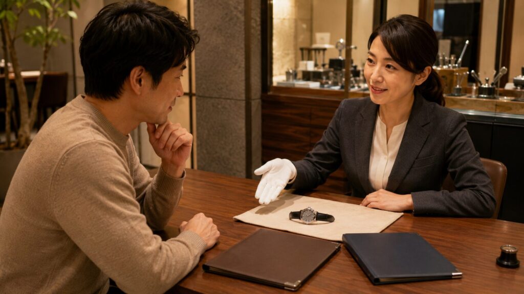 正規メーカーと時計修理専門店の依頼先を相談する日本人の顧客