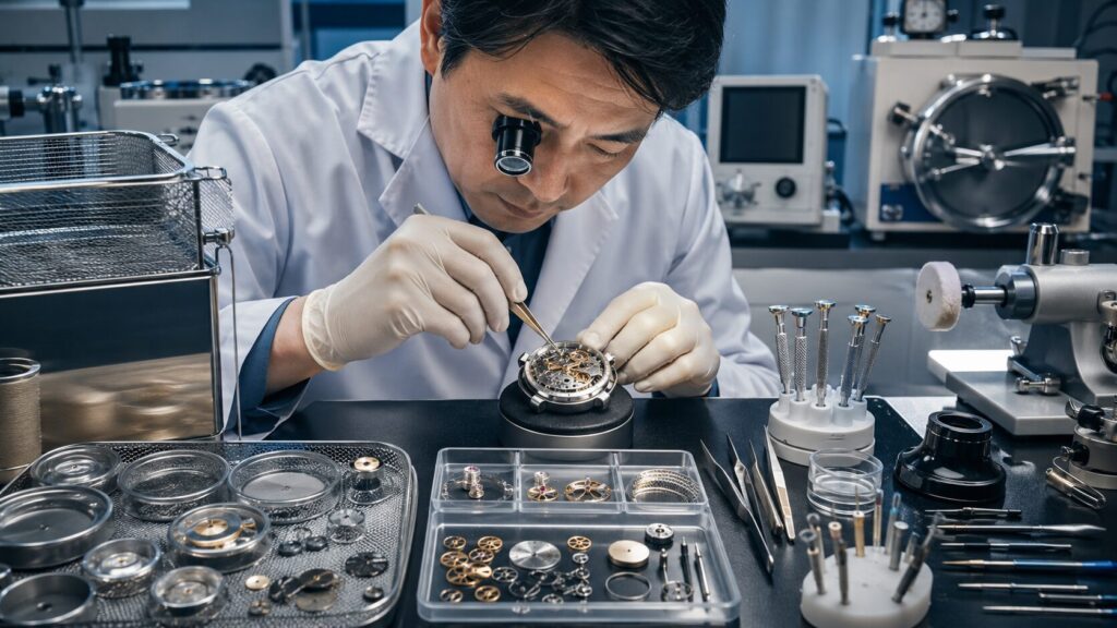 オメガ正規オーバーホールで行われる分解洗浄や防水検査のイメージ