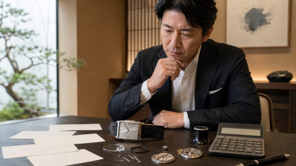 カルティエ時計のオーバーホール基本料金と部品交換費用を比較する様子