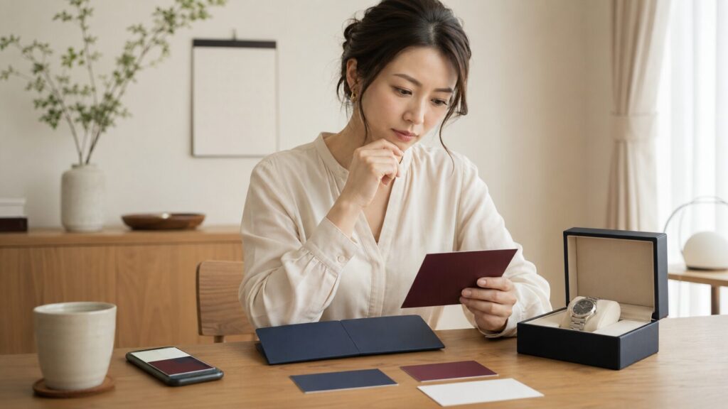 カルティエの無料オーバーホール情報と8年保証の条件を確認する日本人女性