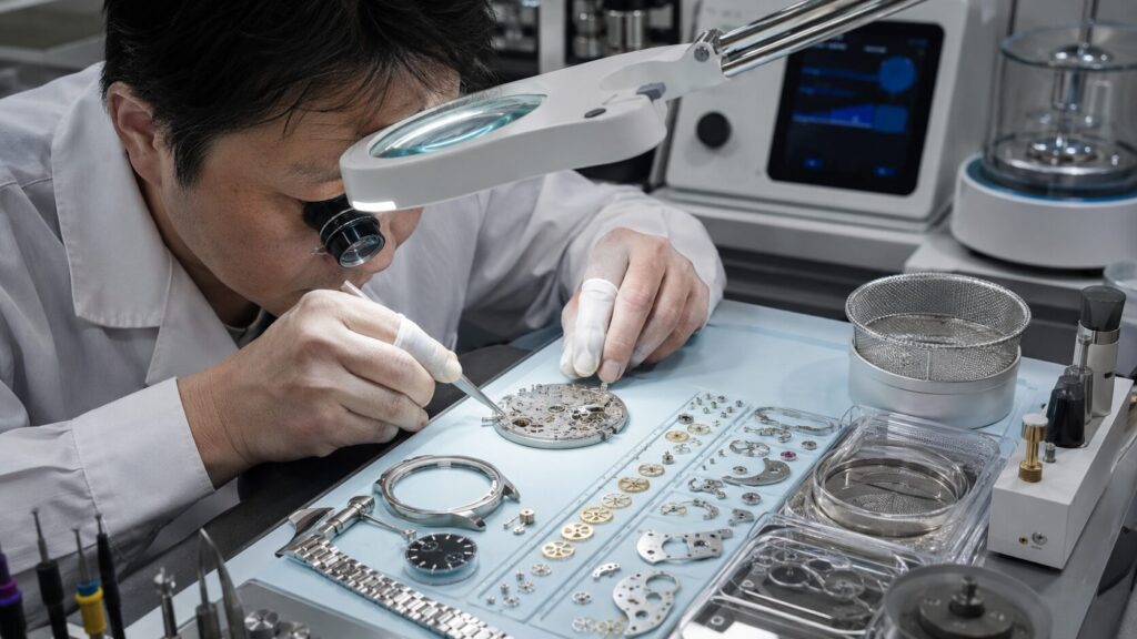 タグホイヤーの機械式時計を分解してオーバーホールする日本人時計技師