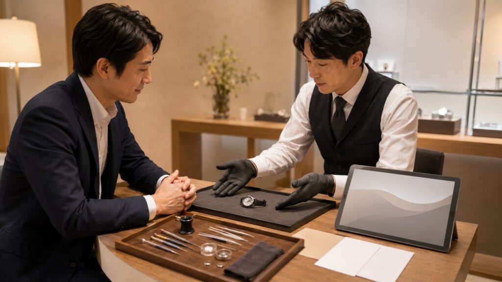 時計オーバーホールの見積もりを専門店で相談する日本人客と時計修理士