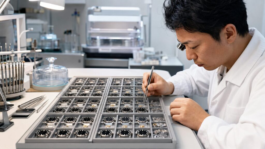 ブライトリングの正規オーバーホールを想定したクロノグラフ整備工程
