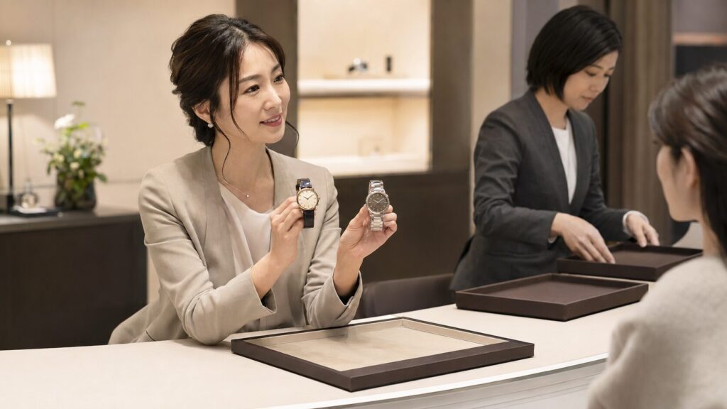 グッチやエルメスの時計オーバーホールを受付で相談する日本人女性
