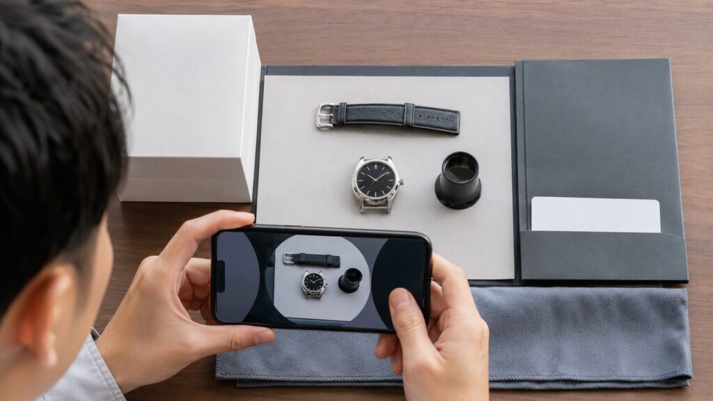IWCのオーバーホール見積もり前に時計の外観と付属品を記録する様子
