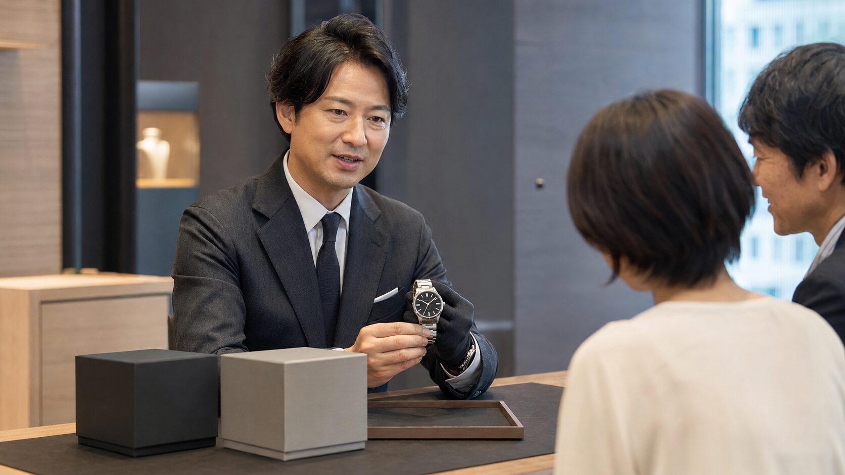 IWCのオーバーホール料金と並行輸入品の対応を相談する日本人男性