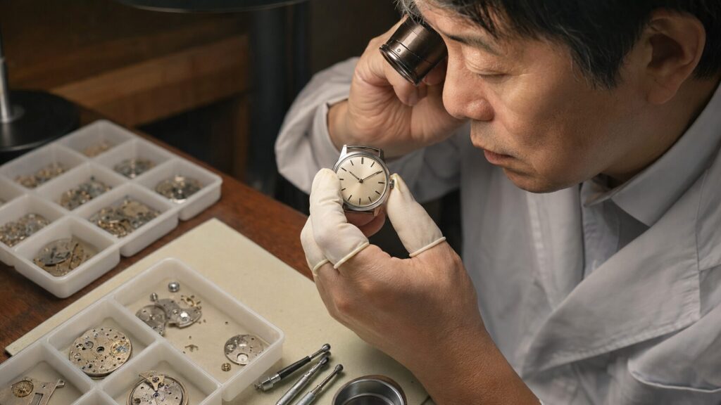 ロレックスのヴィンテージ時計を研磨せず点検する日本人時計技師
