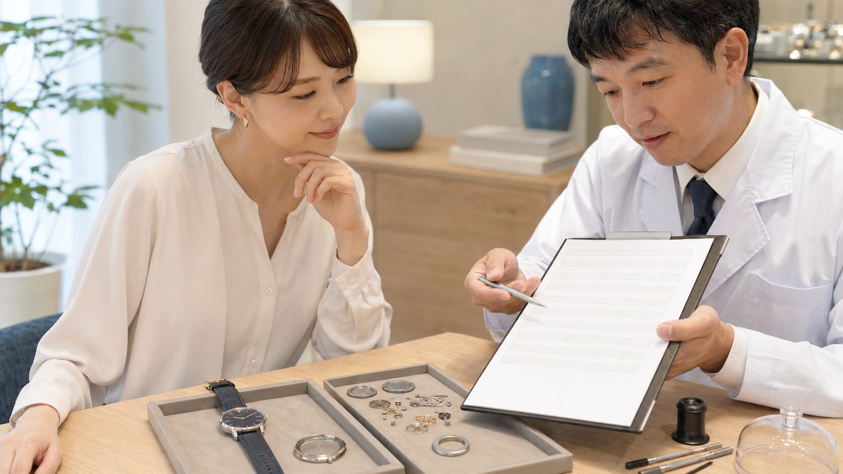 時計のオーバーホール見積もりで作業内容と追加費用を確認する日本人女性