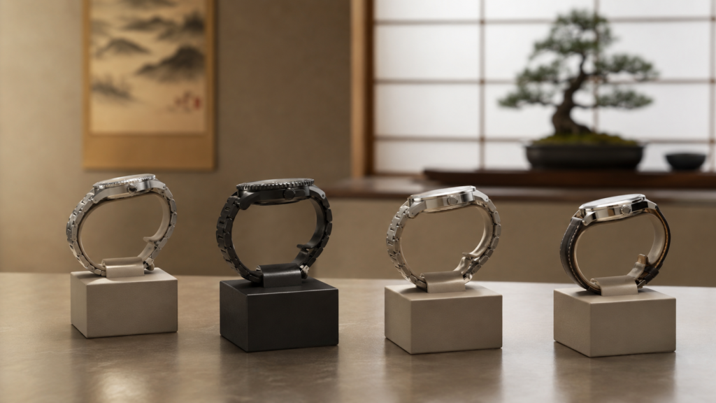 形状や素材の異なる無銘の高級腕時計をモデル別に並べて買取傾向を比べる展示