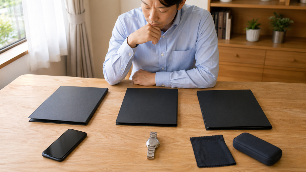 同じ無銘の腕時計について複数の空白査定フォルダーを比較する日本人所有者
