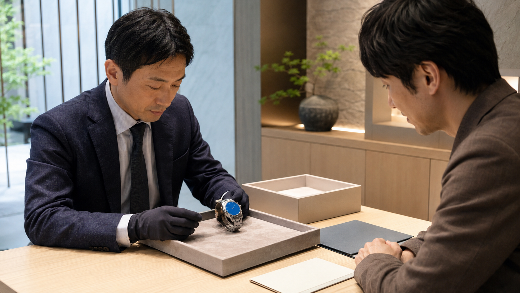鮮やかなブルーを特徴とする無銘の高級腕時計を査定する日本人査定士と所有者