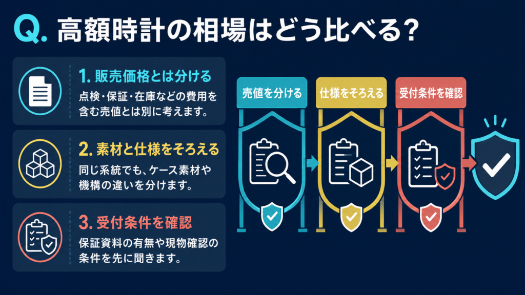 高額時計の素材・状態・付属品を同条件で照合する相場比較図