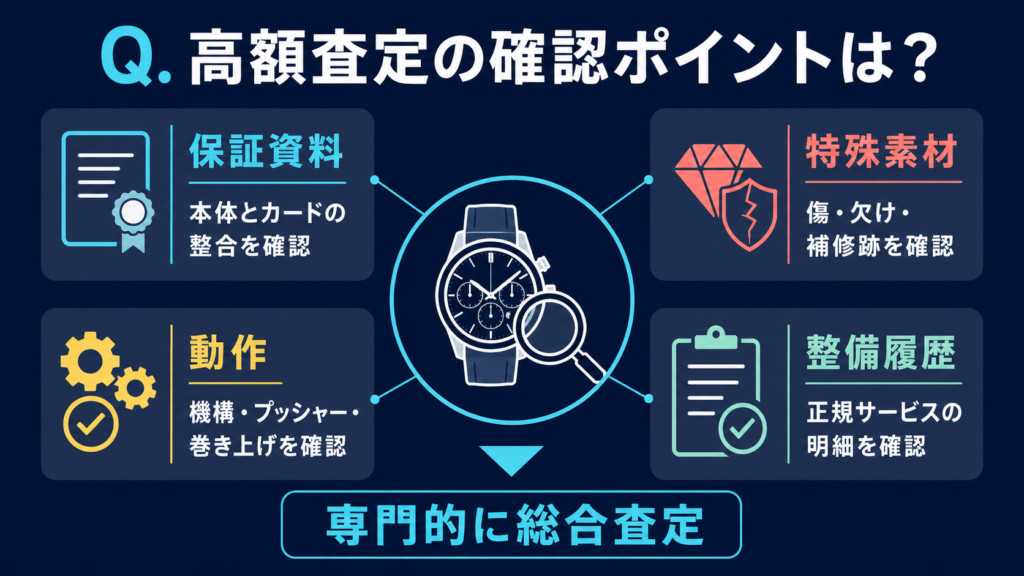 保証資料・特殊素材・動作・整備履歴を確認する高額時計査定の図解