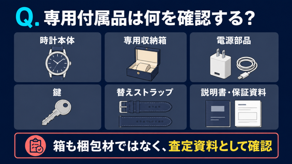 時計本体・専用収納箱・電源部品・鍵・替えストラップを確認する準備図