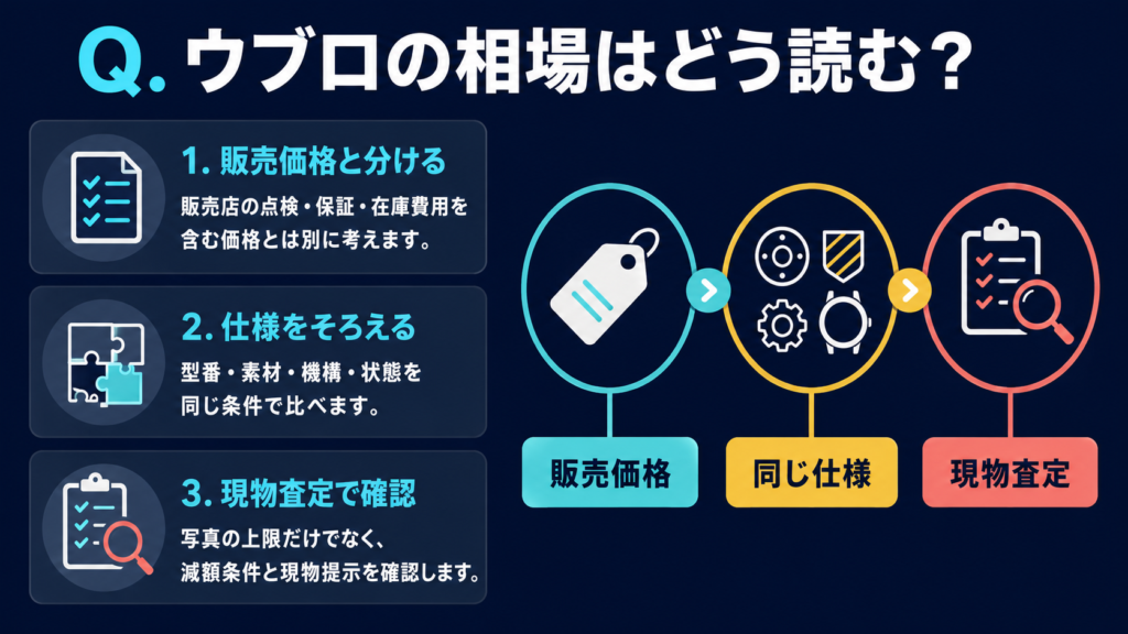 スポーツ時計の販売価格と買取価格を同じ条件で比べる図解