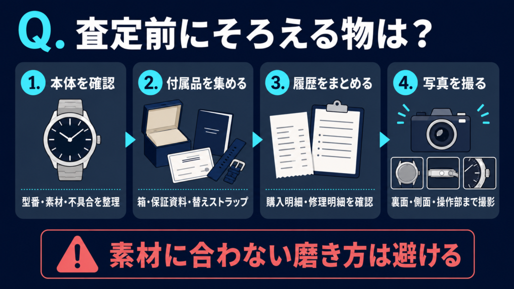 時計の状態・替えストラップ・付属品・撮影角度を順に整理する準備図