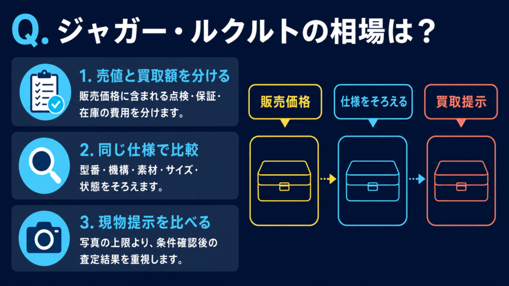同じ角形時計の仕様と状態をそろえて販売側と買取側を比較する図解