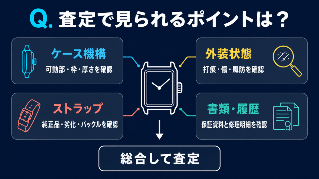 ケース可動部・外装状態・ストラップ・整備履歴を確認する査定図解