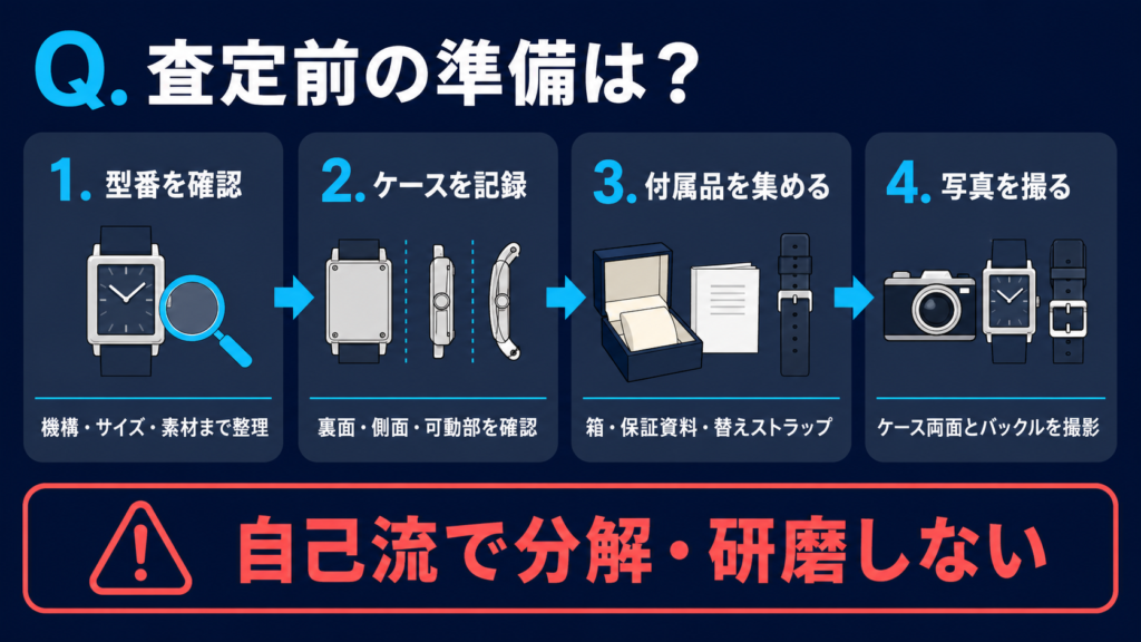 角形時計の裏面・側面・ケース機構・付属品を順に撮影する準備図