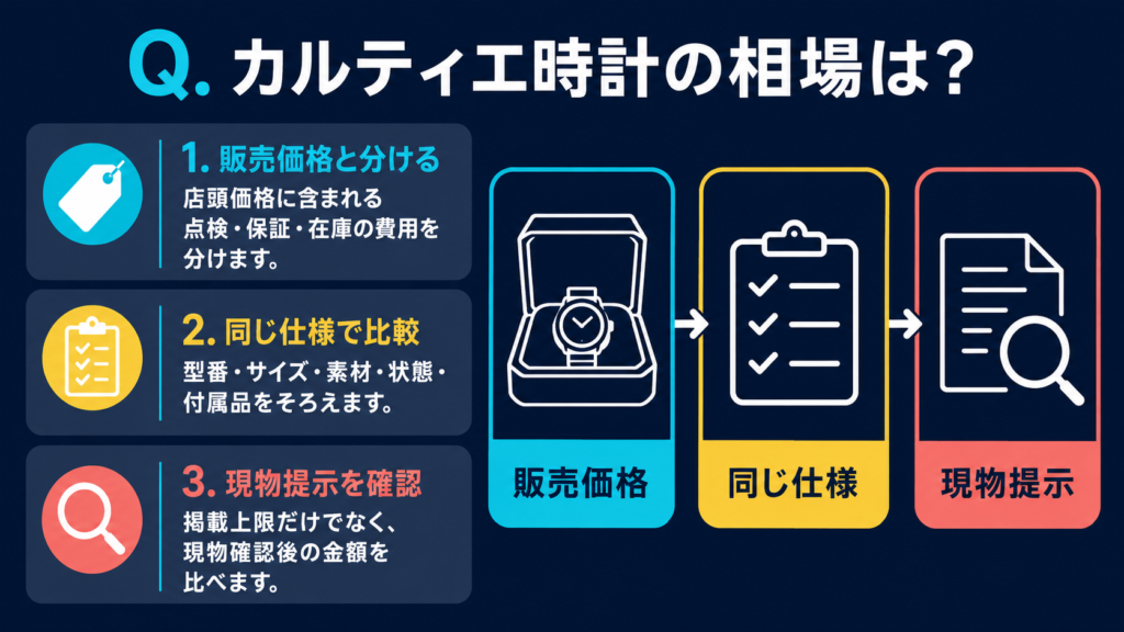 ジュエリー時計の販売価格と買取価格を同じ仕様で比べる図解