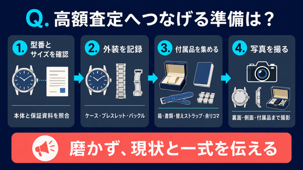 時計本体・箱・替えストラップ・余りコマ・撮影角度を整理する準備図