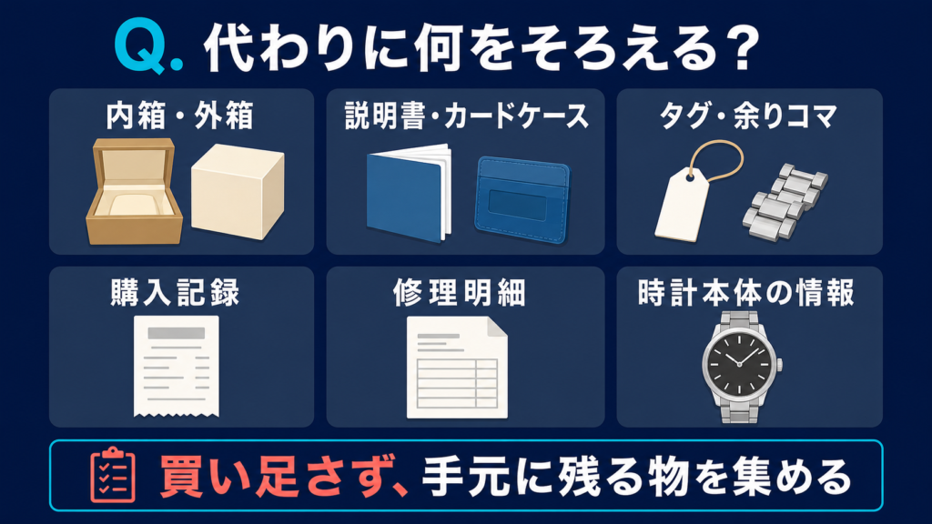 箱・説明書ケース・タグ・修理資料・余りコマなど代替資料を示す図解