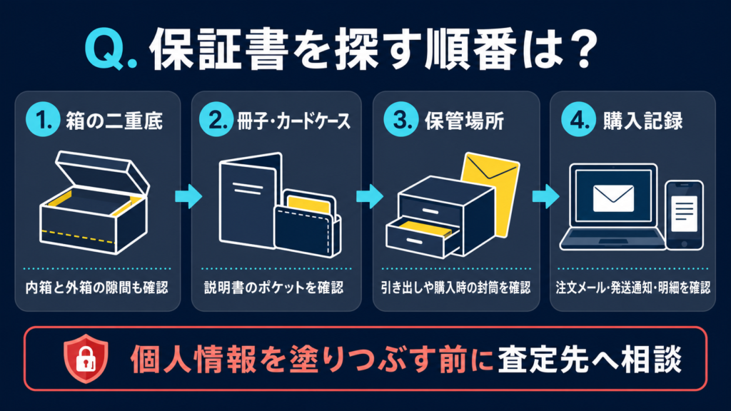 箱の二重底・冊子ポケット・保管引き出し・購入記録を順に確認する探索手順図