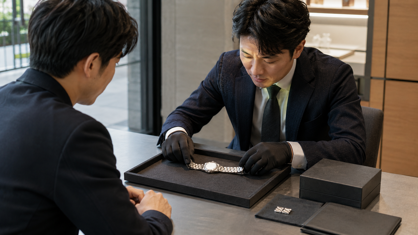 無銘の高級スポーツ腕時計を日本人査定士が買取査定する場面