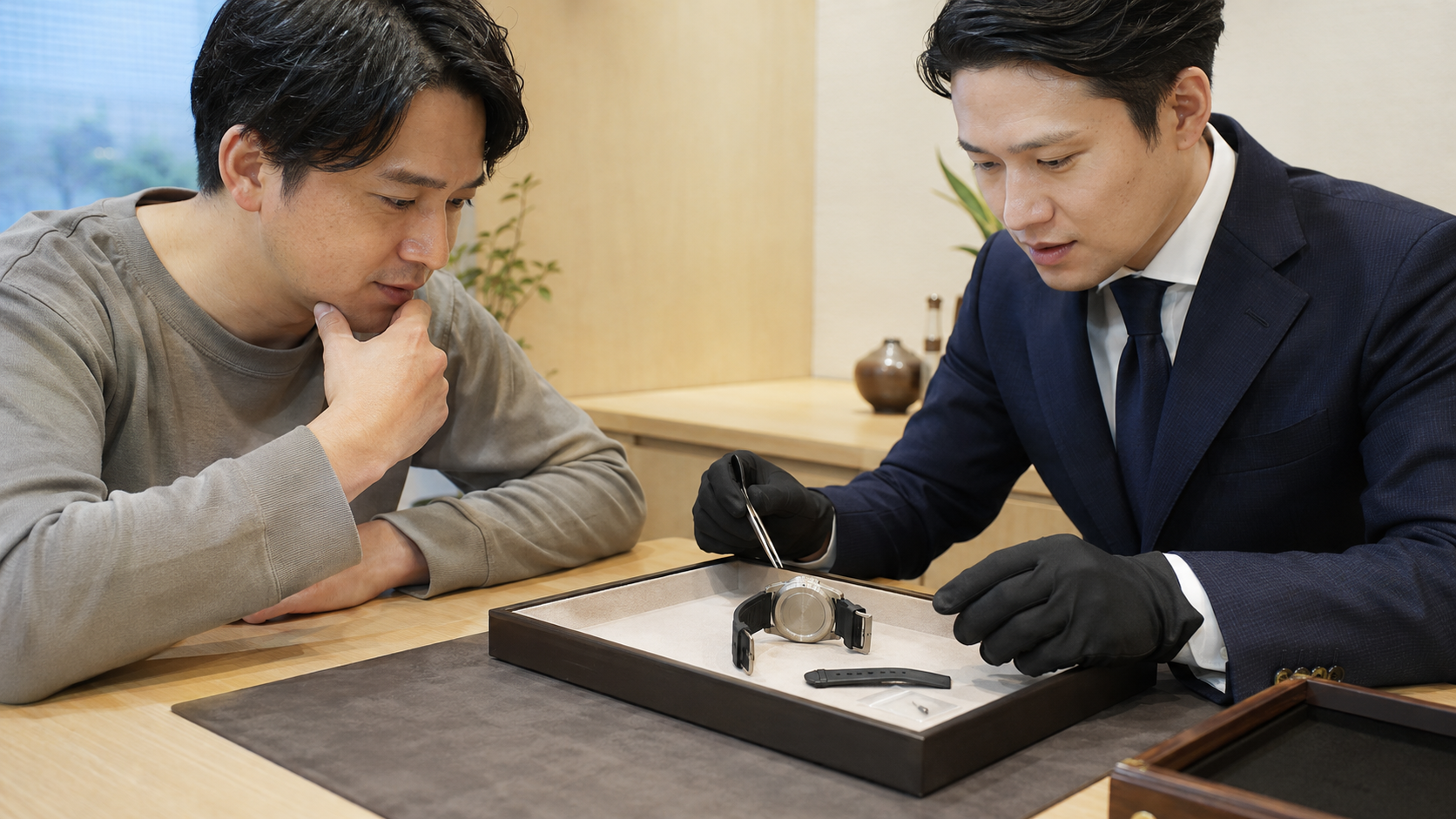 動かない無銘の高級スポーツ腕時計を安全に現状査定する日本人査定士と所有者