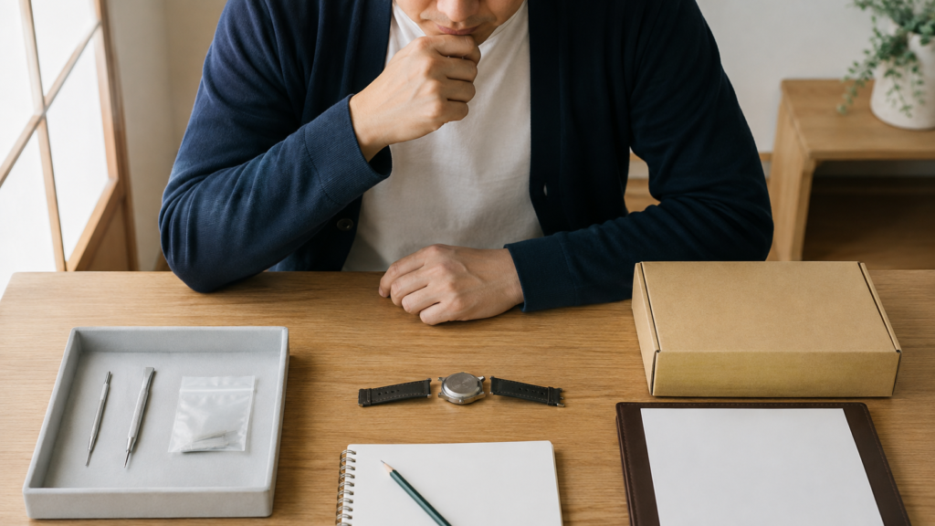 故障した無銘腕時計を修理トレイと現状査定トレイの間で比較する日本人所有者