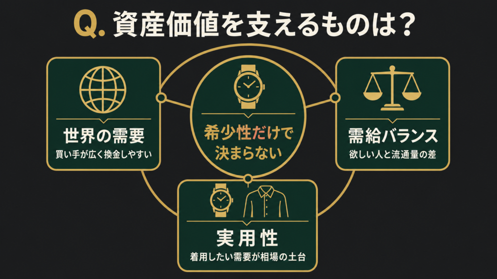 腕時計の資産価値を世界需要・需給バランス・実用性から説明する図解