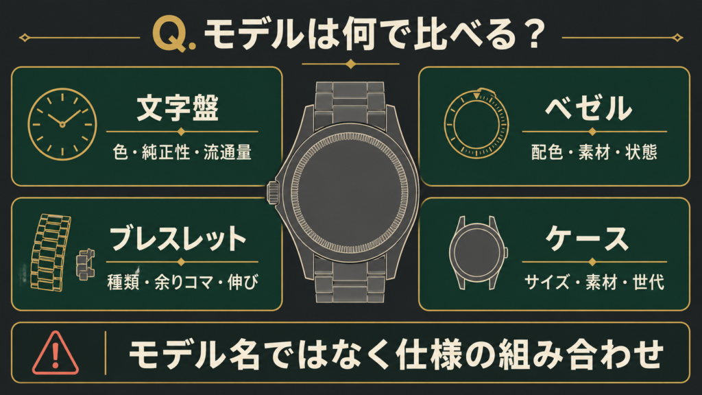 腕時計モデルを文字盤・ベゼル・ブレスレット・ケースで比較する図解